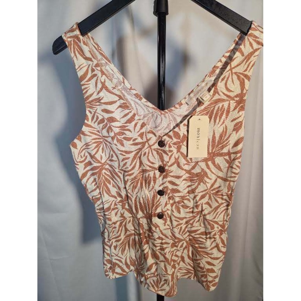 Monteau Los Angeles Womens Medium Rust Palm Print Button Front V-Neck Tank Top